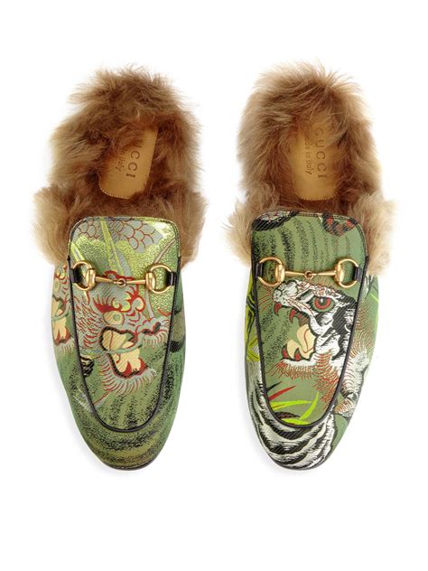 gucci mens 14 jacquard dragon princetown fur lined mule slippers|Gucci slippers sale.